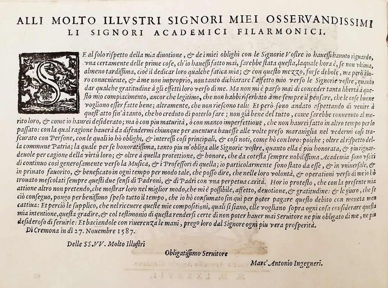 Il quinto libro de madrigali a cinque voci di Marc’Antonio Ingegneri, novamente composti, & dati in luce, In Venetia, Appresso Angelo Gardano, 1587 (libro parte Alto – VEaf, Fondo musicale antico, b. 76) – ©Accademia Filarmonica di Verona